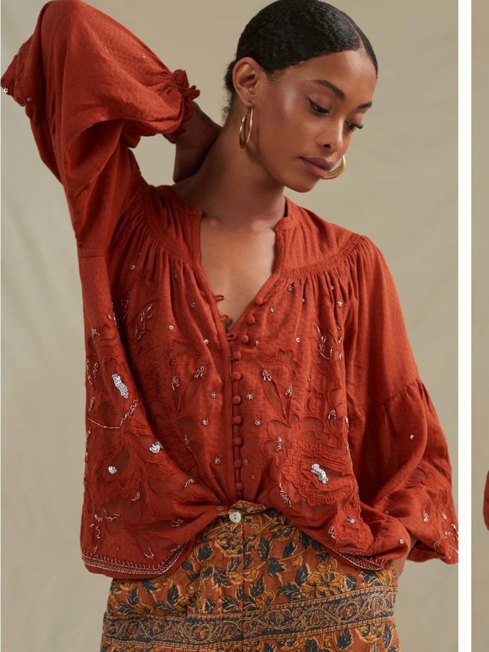 NWT - Anthropologie Rust Embroidered Button-Front Peasant Blouse (S)